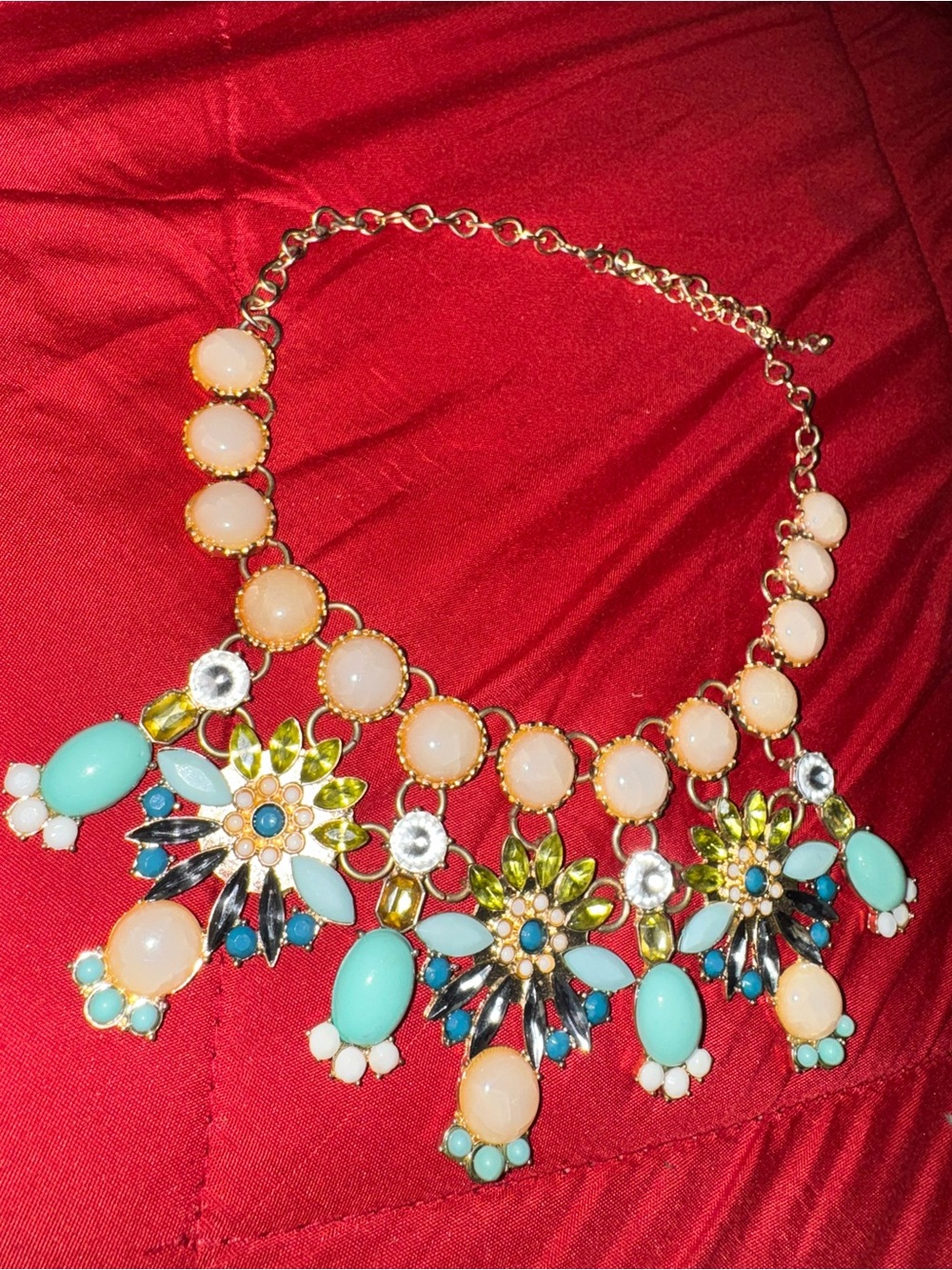 Statement Floral Bib Necklace in Pastel Turquoise and Peach